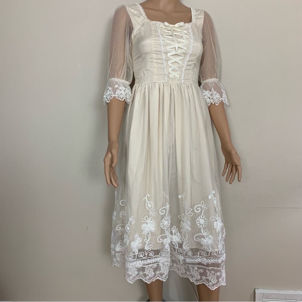 Ivory Lace-Trim Midi Dress with Sheer Sleeves